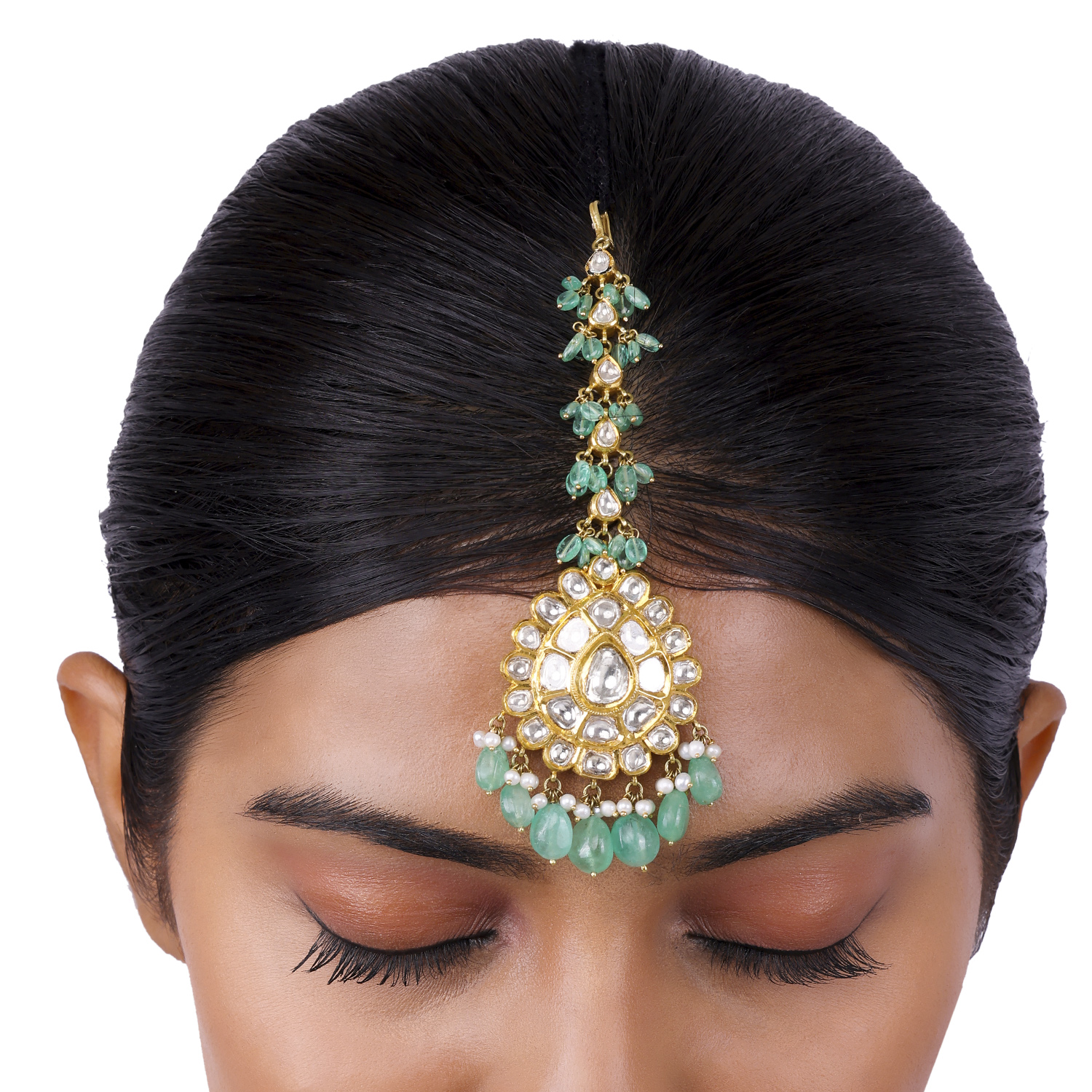 Royal Rose-Cut Diamond Maang Tikka with Emerald Beads & Cultured Pearls