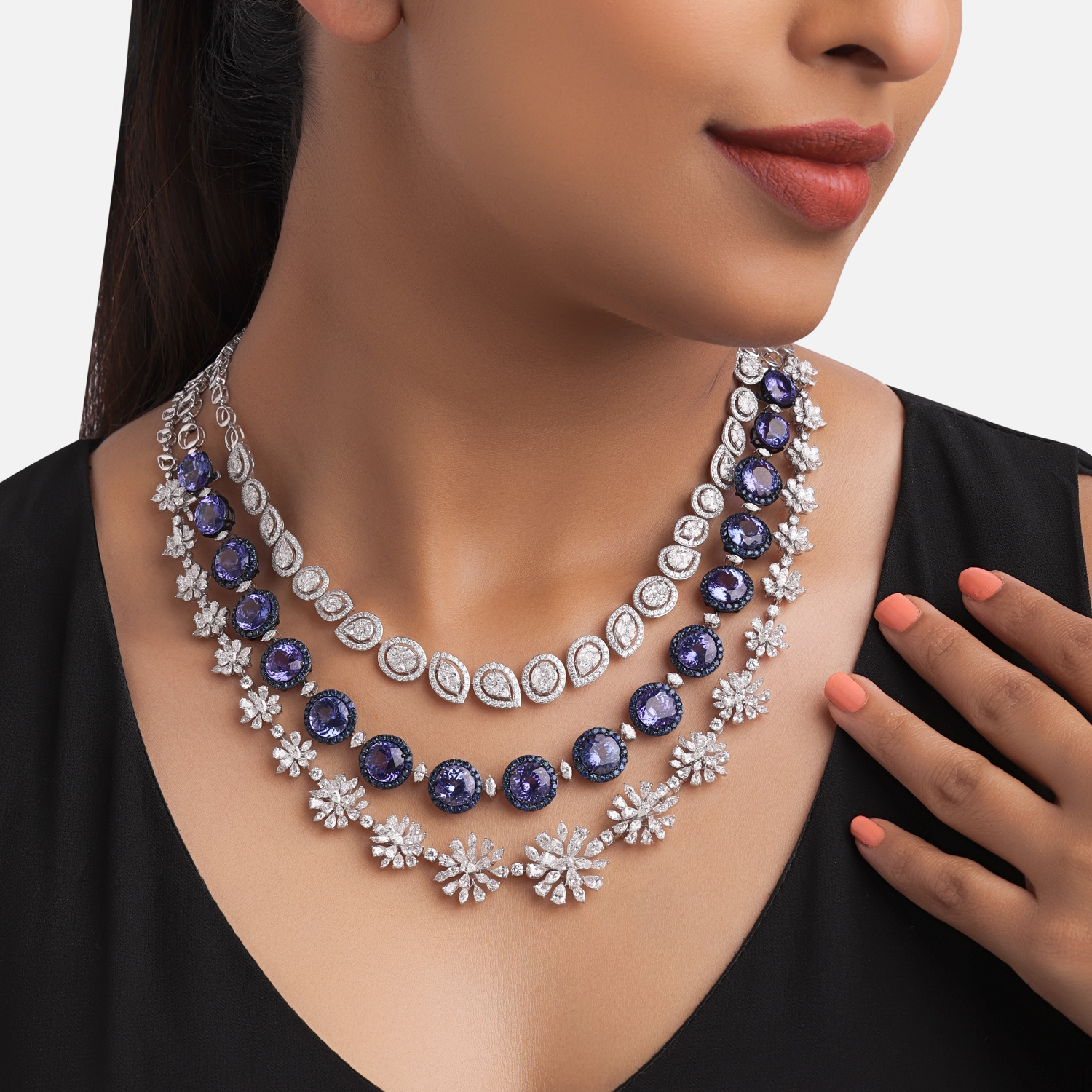 Exquisite Diamond Necklace Adorned with Blue Sapphires & Tanzanites