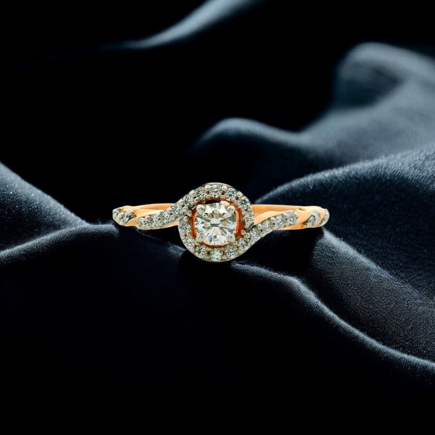Graceful Gold Ring with Twisted Diamond Halo