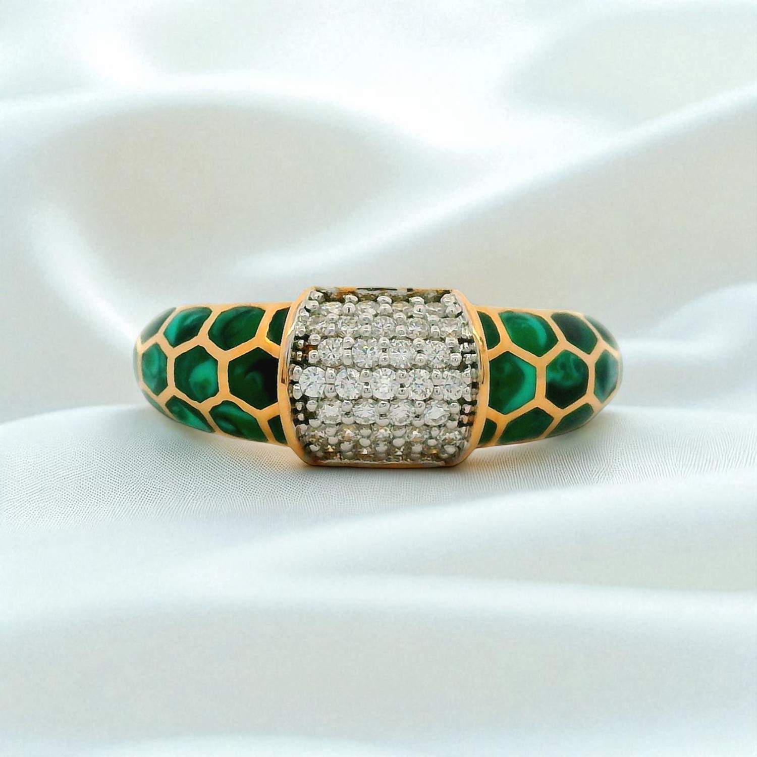 Green Enamel Diamond Gold Ring