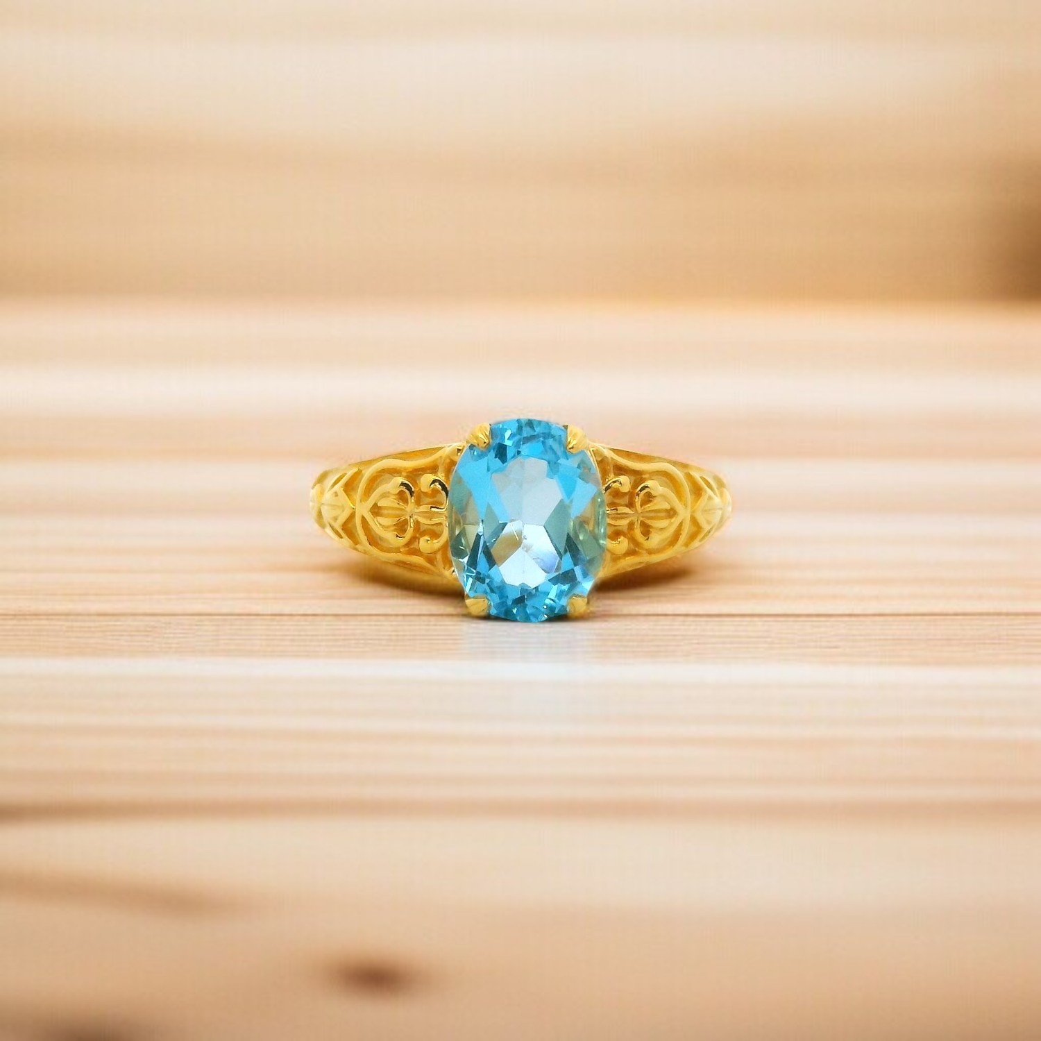 Gold Blue Topaz Filigree Statement Ring