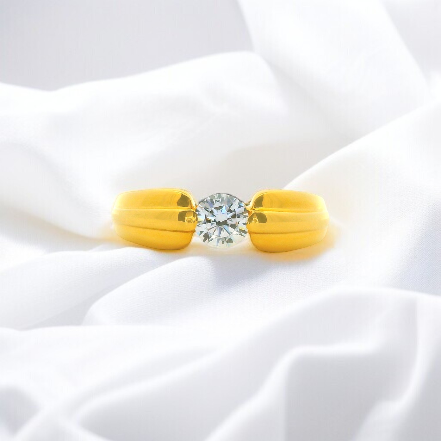 Gold White Cubic Zirconia Solitaire Band Ring