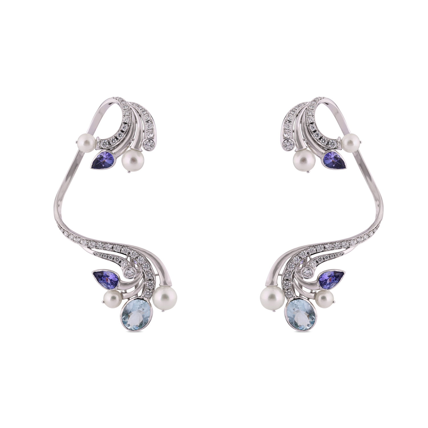 Diamond Earrings with Pearls, Tanzanite & Blue Topaz