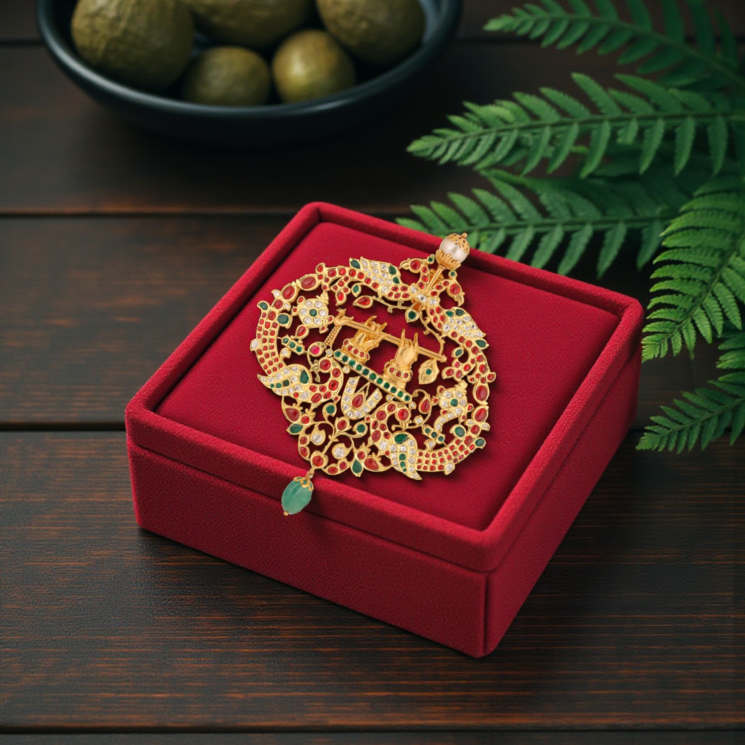 Gold Pendant with Ruby, Emerald, Rose Cut Diamonds and South Sea Pearl