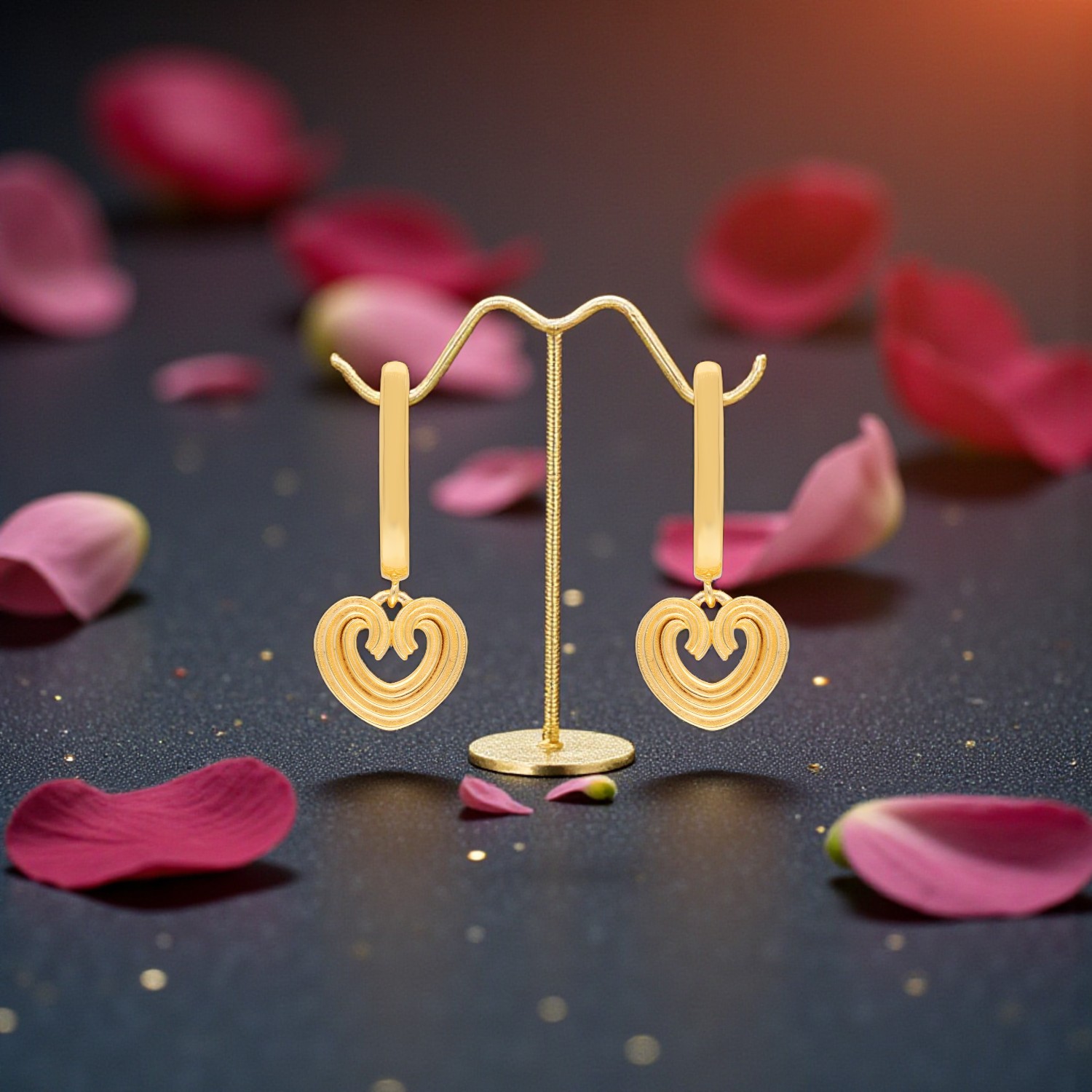 Gold Ear Drops with Heart Design