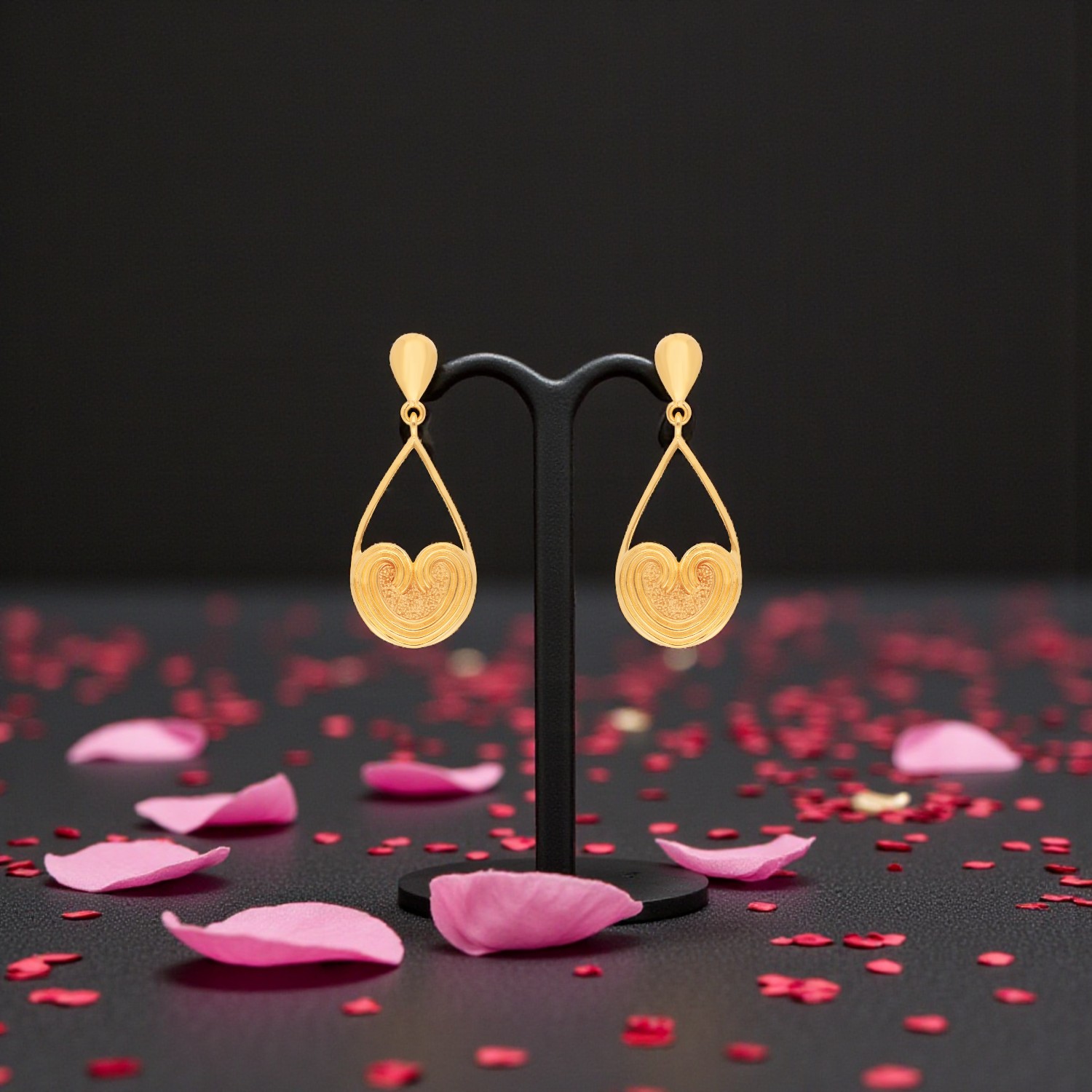 Gold Ear Drops with Heart Design