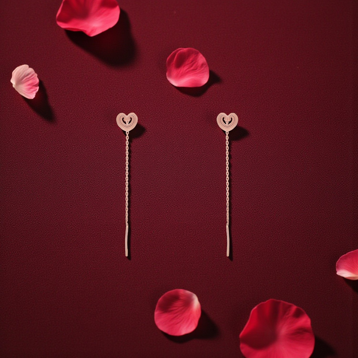 Rose Gold Heart Chain Drop Earrings for Women