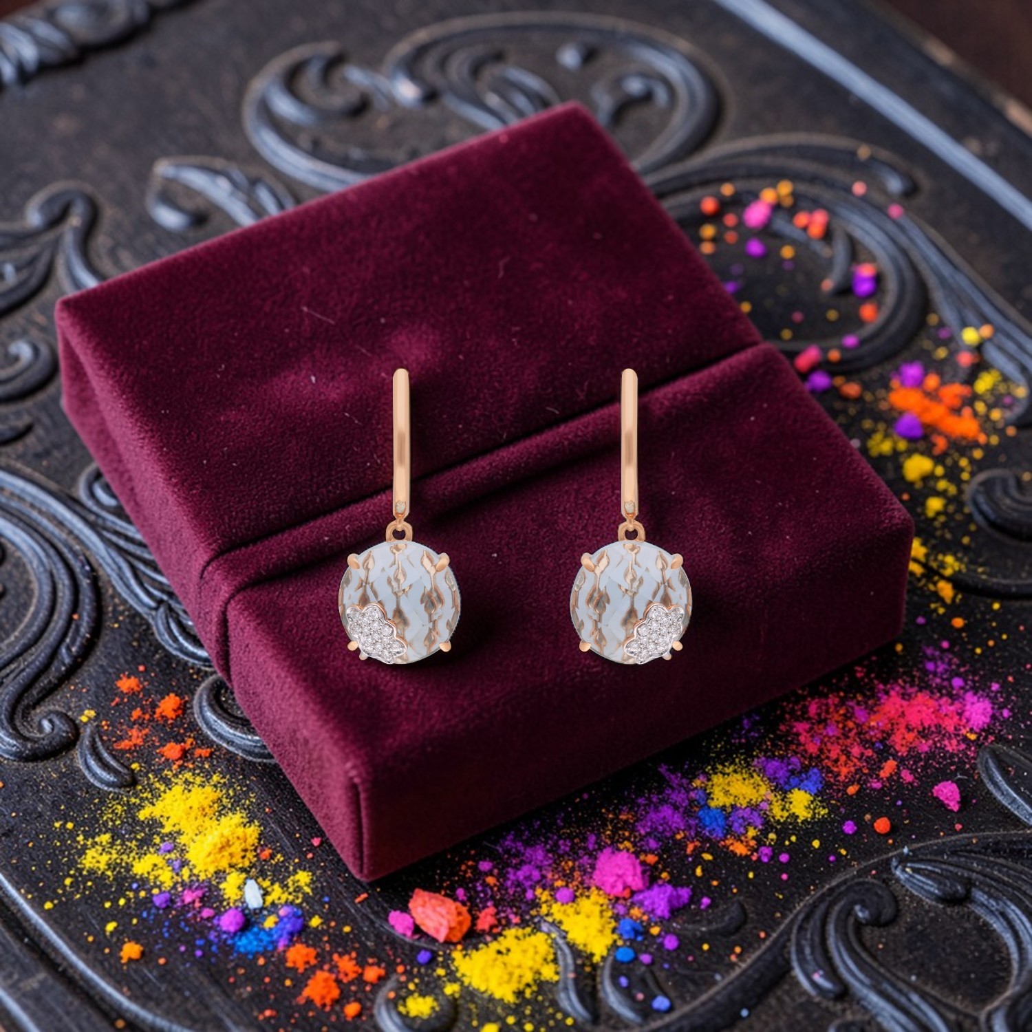 Gold Diamond Earrings with Coloured Cubic Zirconia