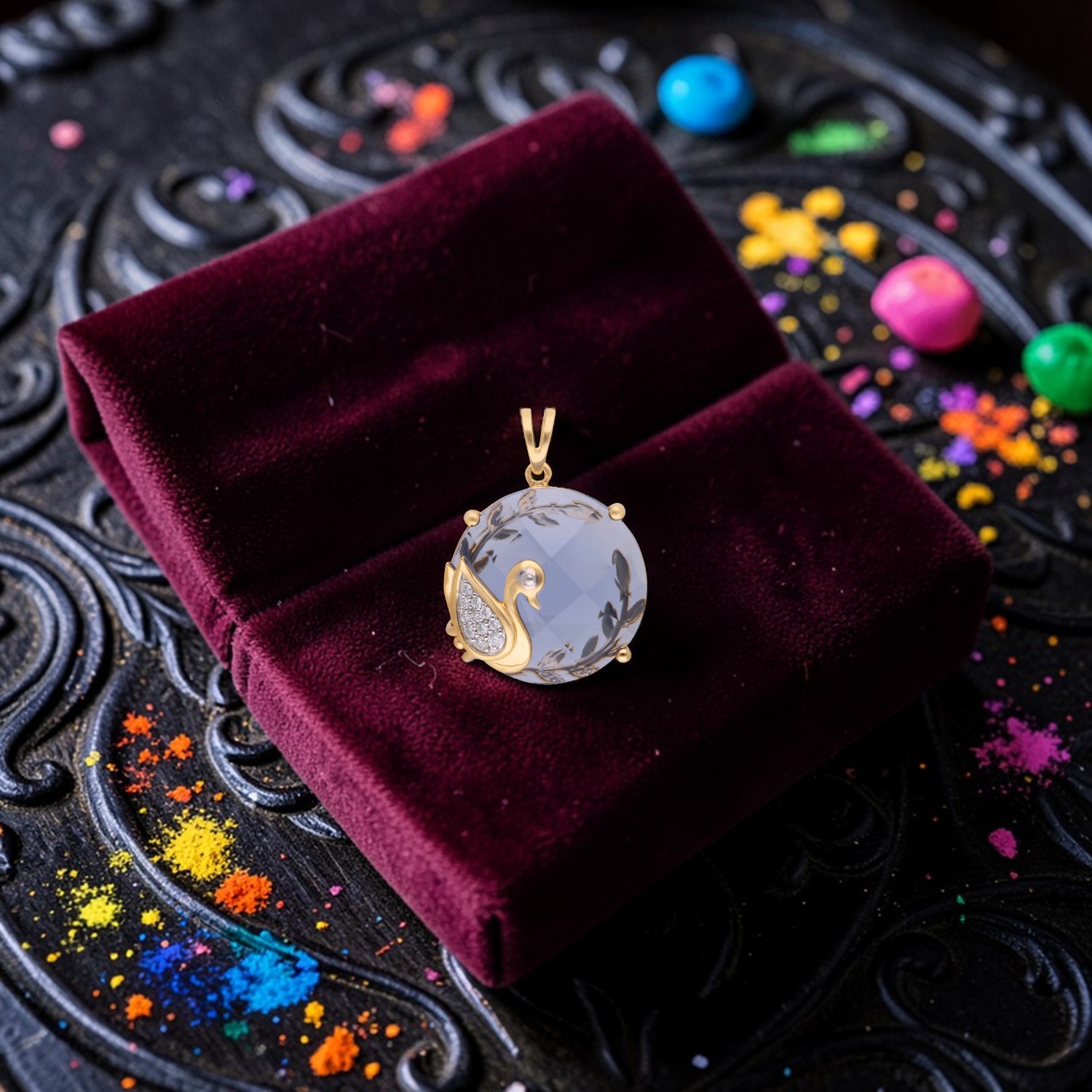 Gold Diamond Pendant with Blue Cubic Zirconia Swan Design