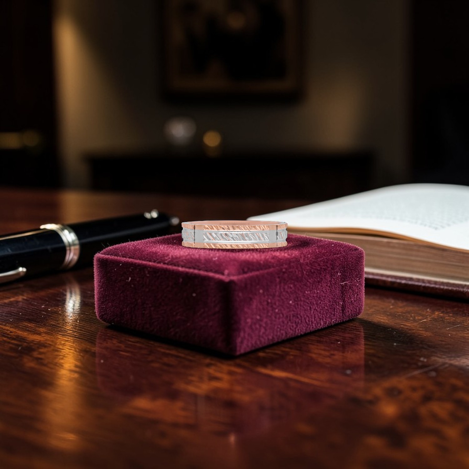 Platinum Bi-Metal Geometric Ring with Rose Gold Accent