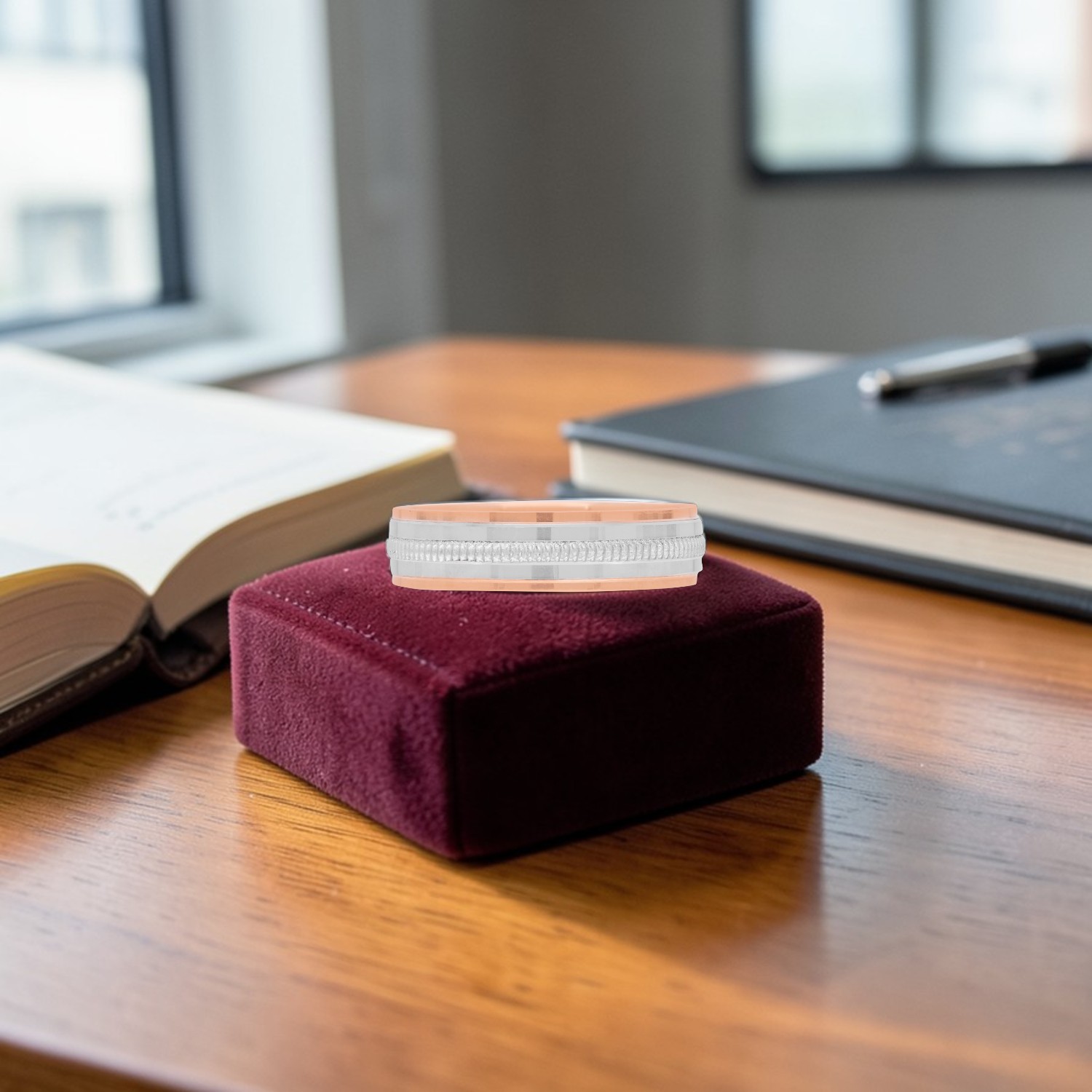 Platinum Bi-Metal Geometric Ring with Rose Gold Accent