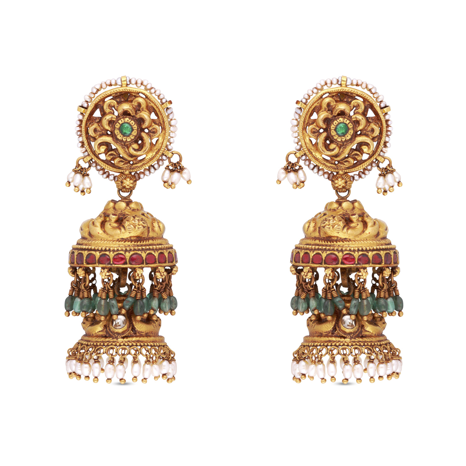 Temple Gold Jhumka Earrings with Ruby, Emerald, Pearls & Rose Cut Diamonds