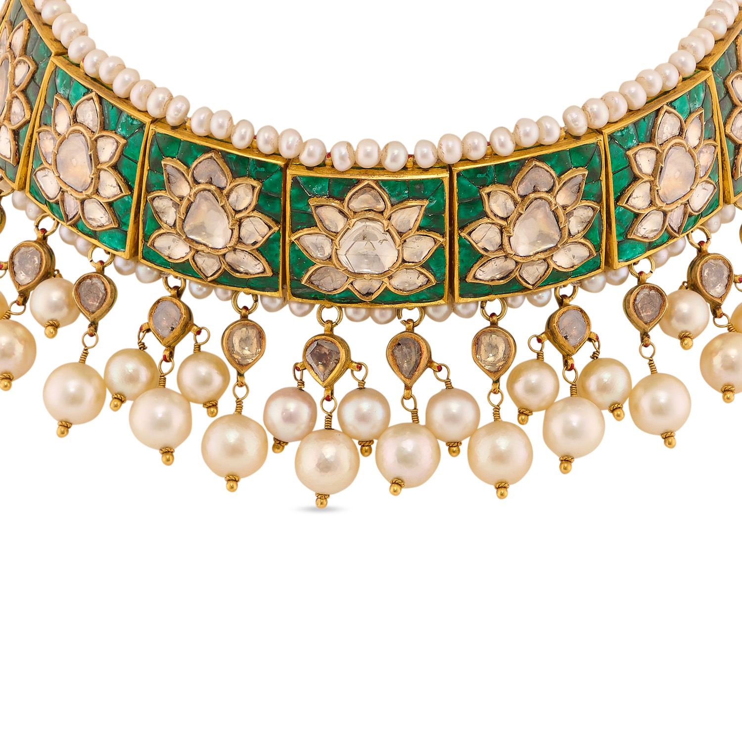 Gold Choker Necklace with Emerald, Rose Cut Diamonds & South Sea Pearls
