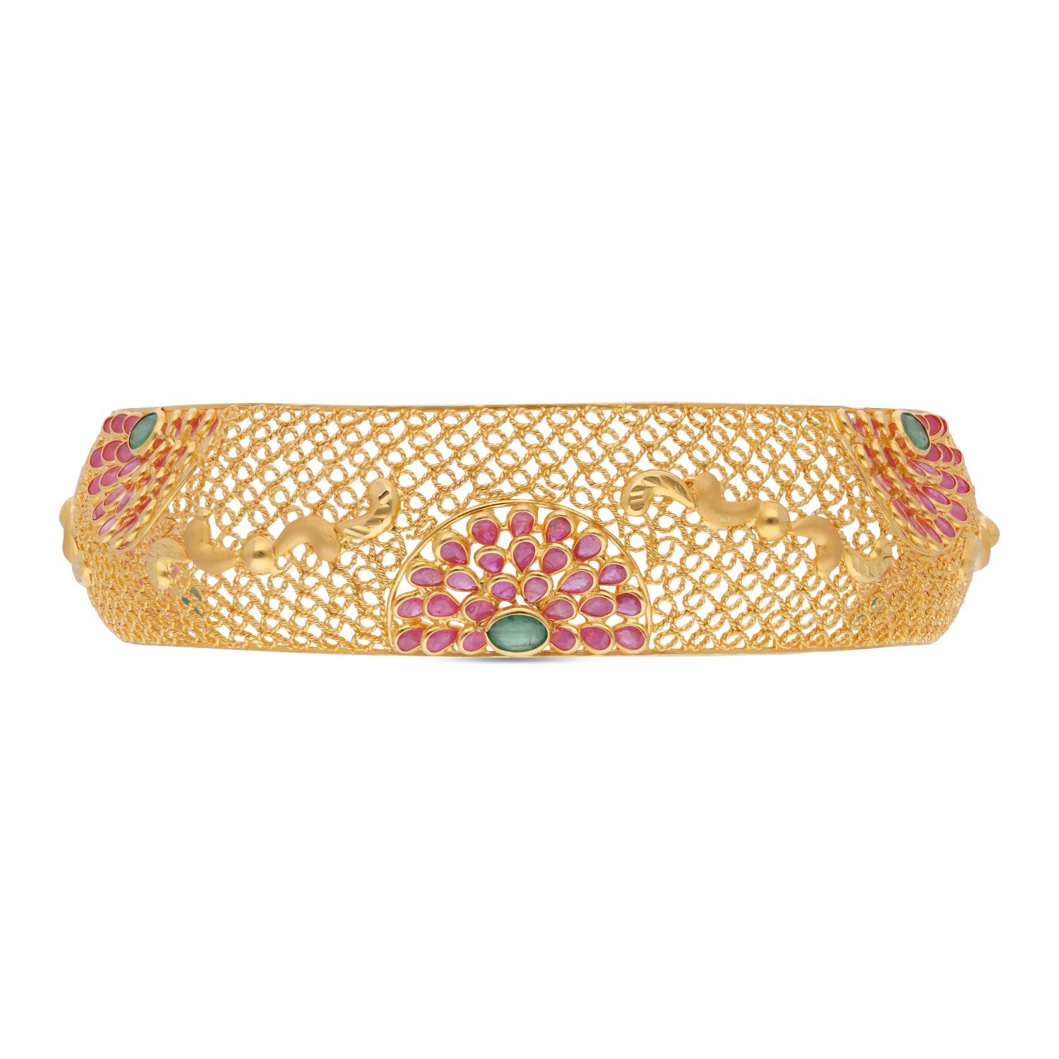 Gold Bangles with Ruby and Emerald Filigree Design