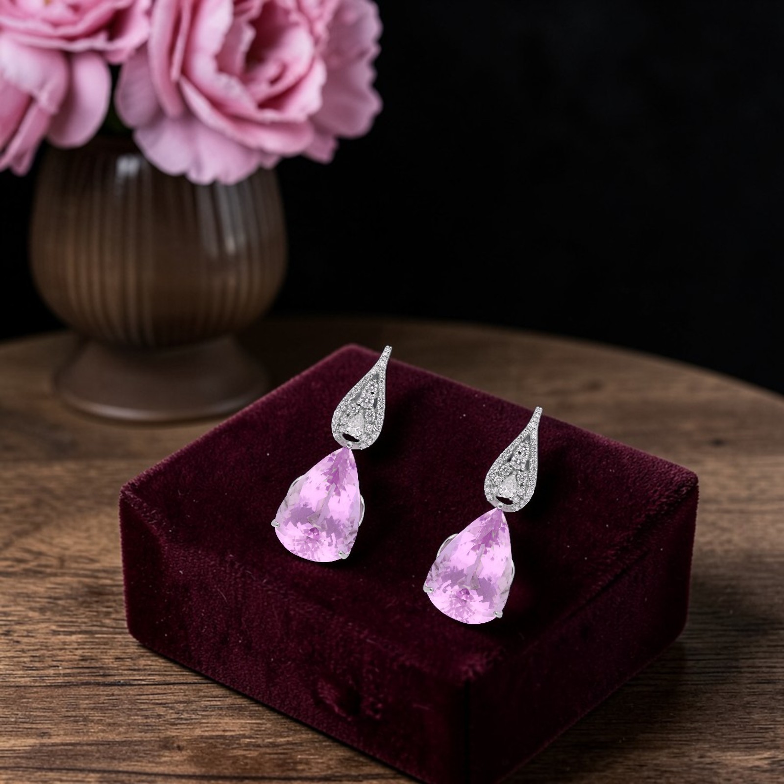 Diamond Eardrops with Pear-Shaped Kunzite