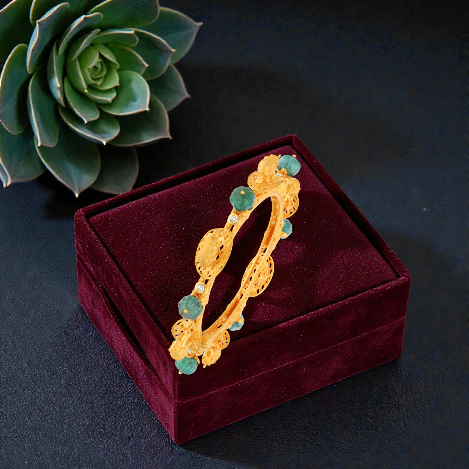 Gold Bangle with Kundan Stones and Emerald Beads