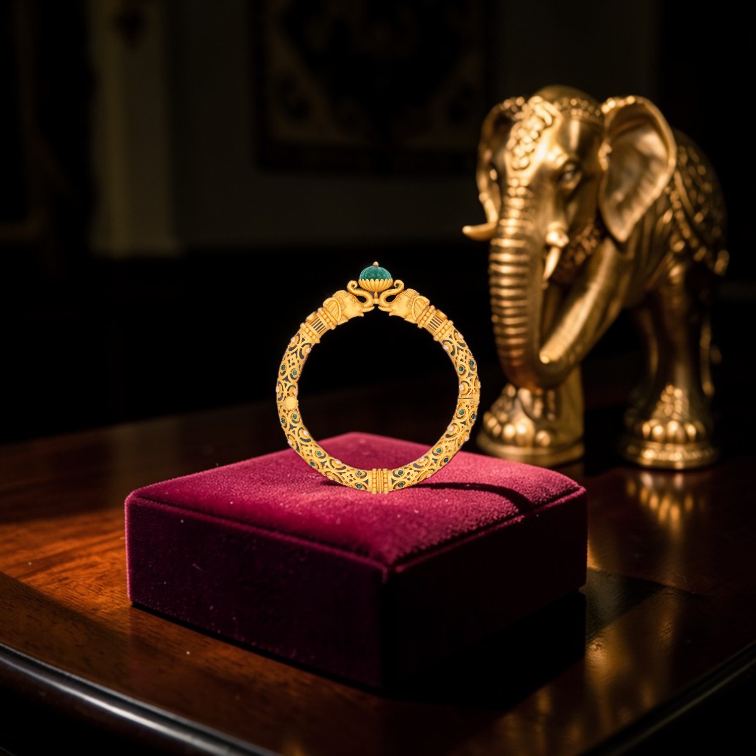 Heritage Gold Bangle with Emerald Bead and White Cubic Zirconia