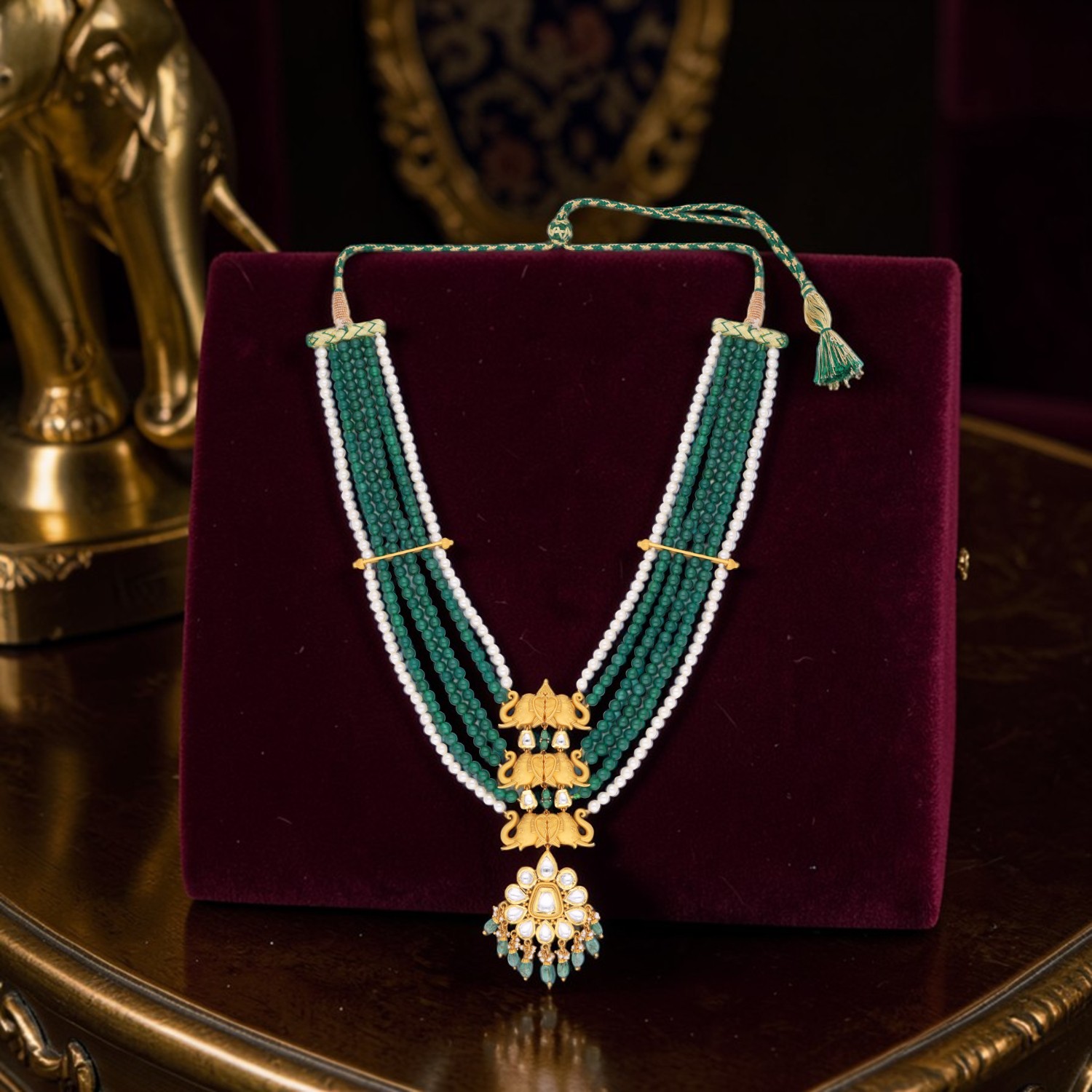 Royal Elephant Motif Gold Necklace with Kundan Stones, Onyx Green Beads, Emerald & Cultured Pearls