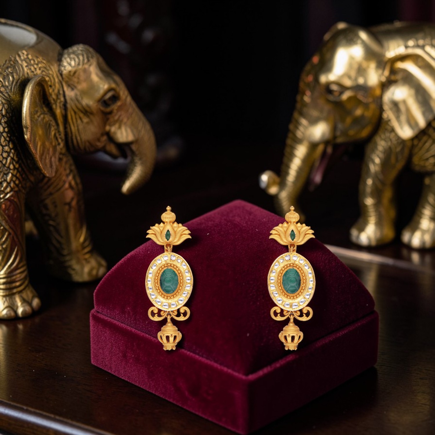 Elegant Gold Ear Drops with Emerald and Kundan Accents