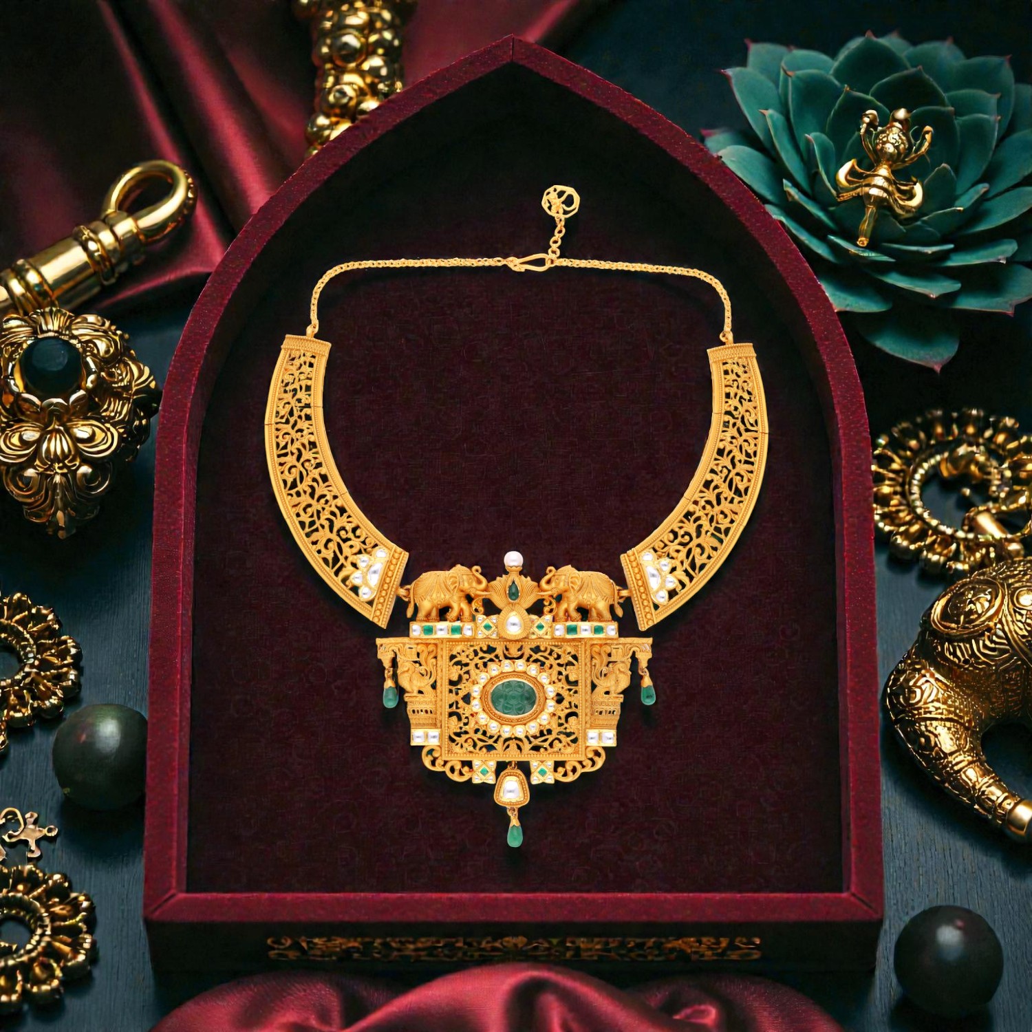 Royal Elephant Motif Gold Necklace with Emerald, Kundan Stones & Cultured Pearl