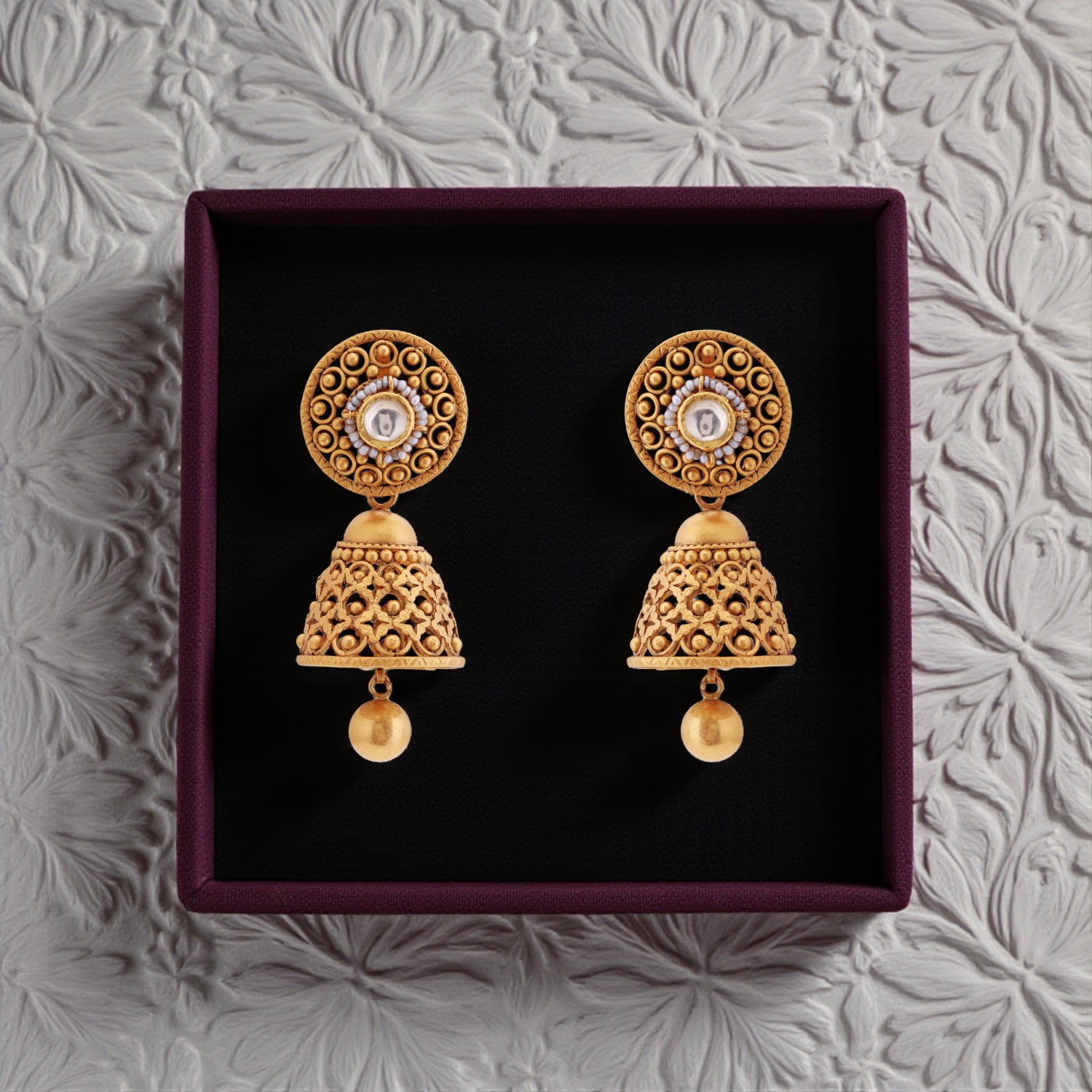 Designer Gold Kundan Jhumka Earrings with Cultured Pearl Drops