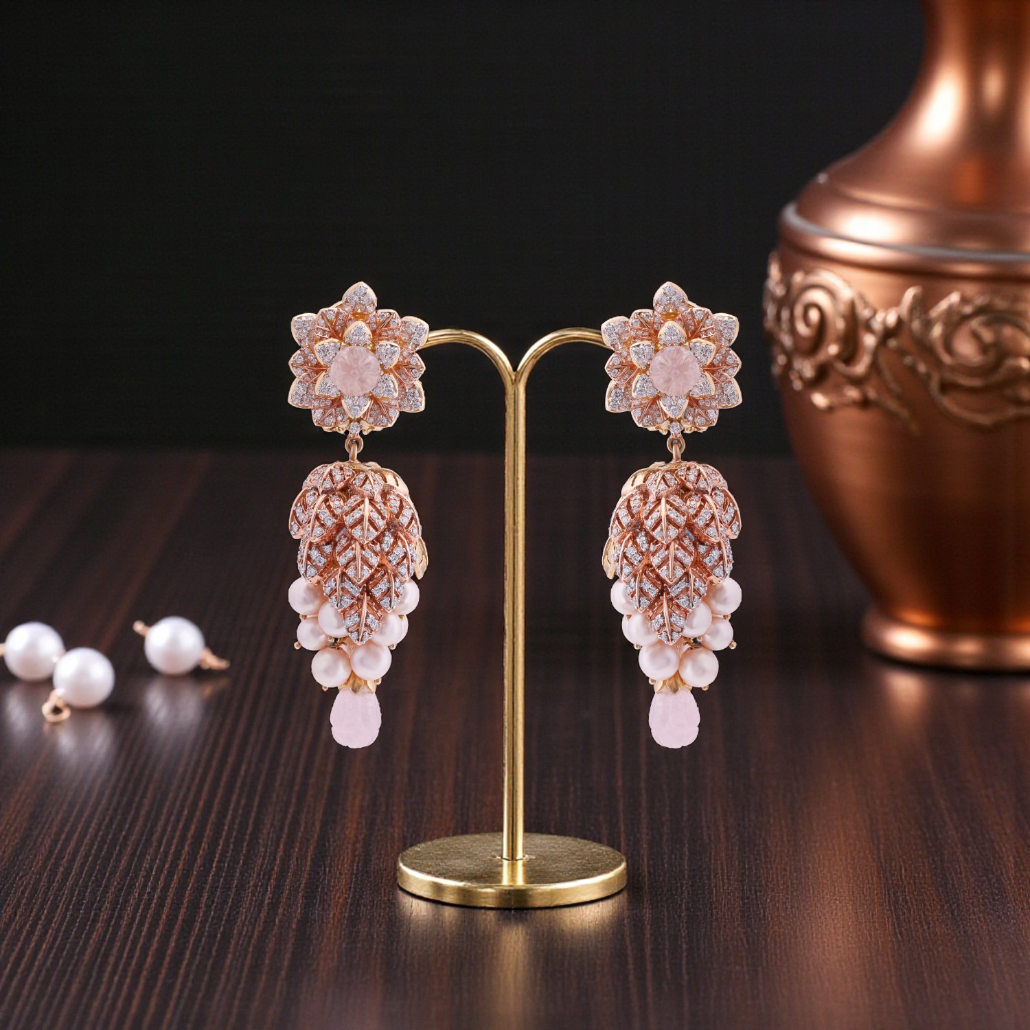 Floral Gold Diamond Ear Drops with Rose Quartz & Pearl Drops