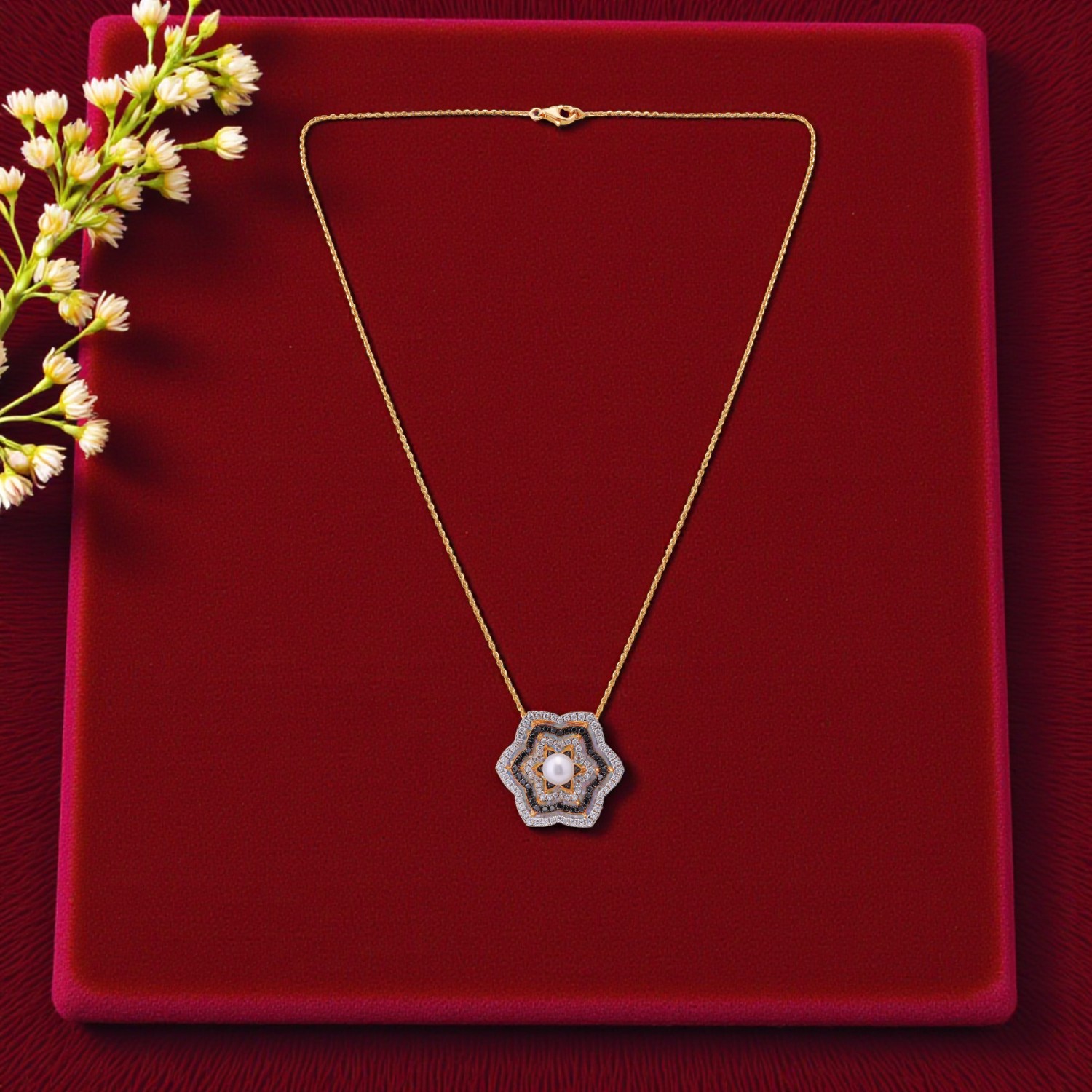 Floral Diamond Pendant with Cultured Pearl in Gold Chain