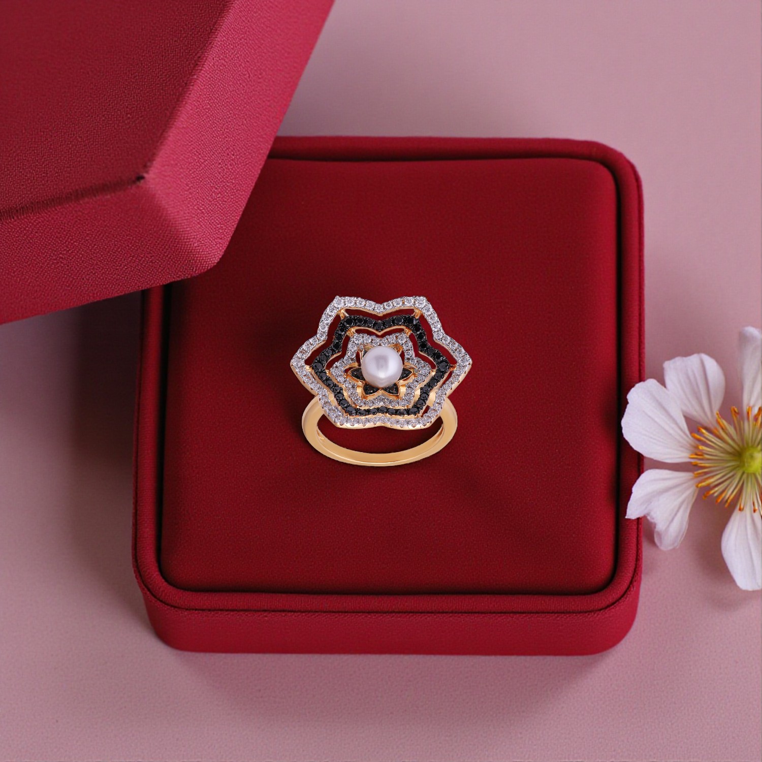 Cultured Pearl & Black Diamond Floral Gold Ring Elegant Designer Statement Jewellery