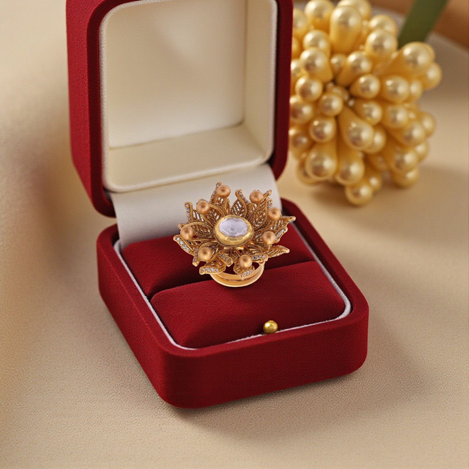 Kundan Stone Gold Ring with White Cubic Zirconia Floral Design