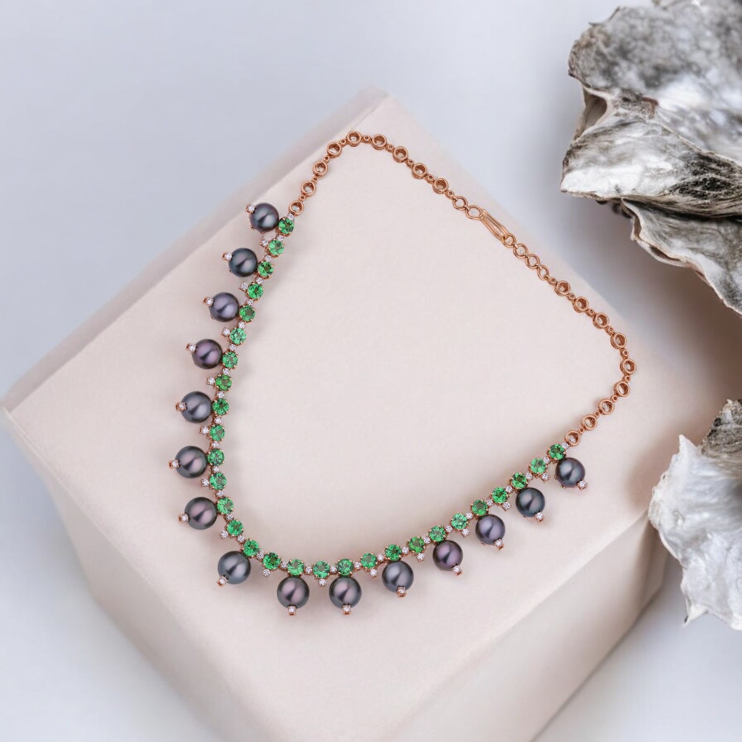 Elegant Gold Necklace with Tsavorite Garnet & Tahitian Cultured Pearls