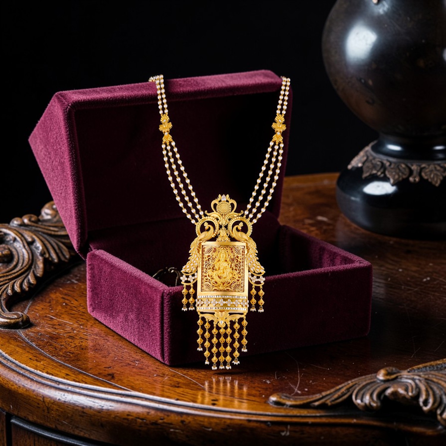 Temple Gold Necklace with Lakshmi Pendant and Peacock Motif