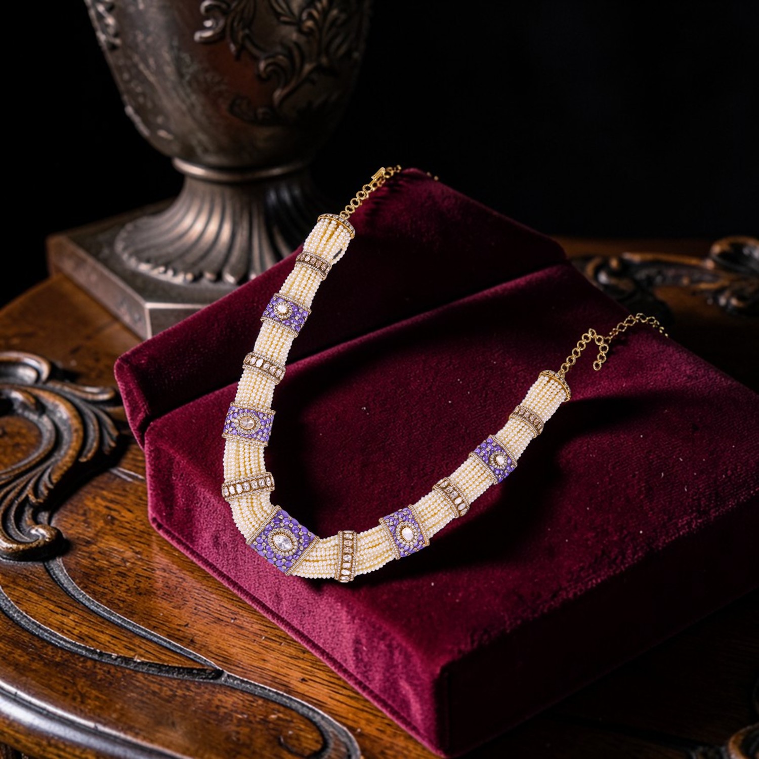 Luxury Amethyst & Cultured Pearl Necklace with Rose Cut Diamonds