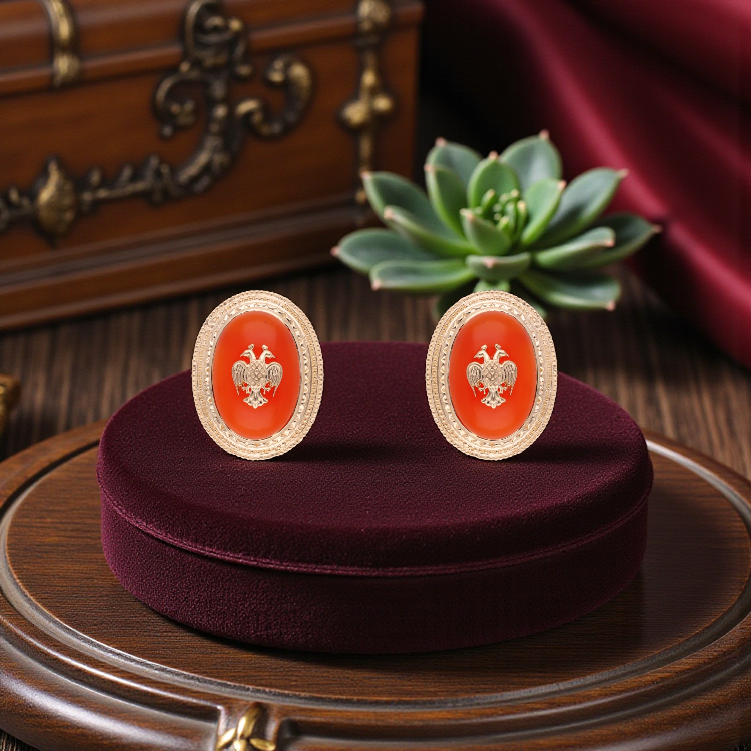 Gold Ear Studs with Gandaberunda Motif on Onyx Red Stone