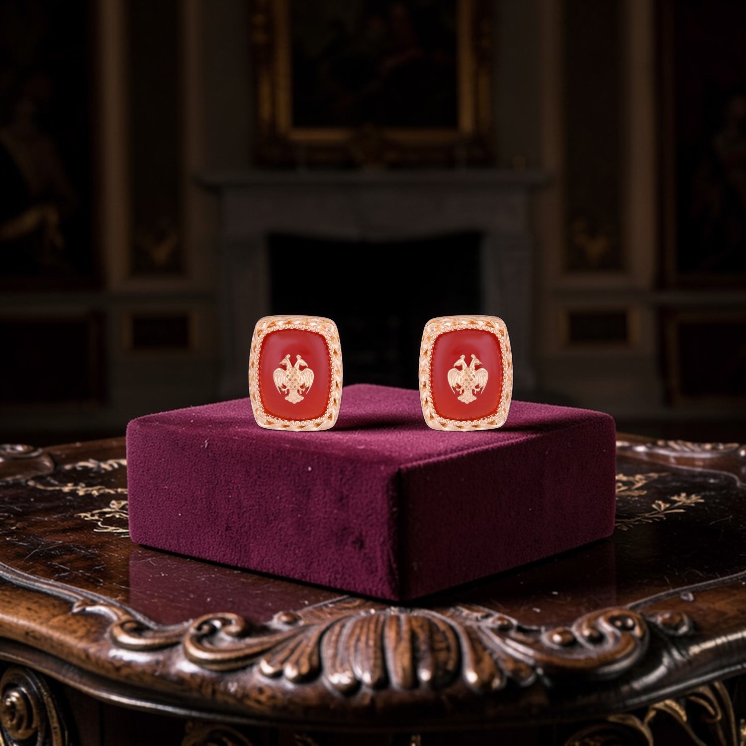 Gold Ear Studs with Black Onyx and Gandaberunda Motif Design