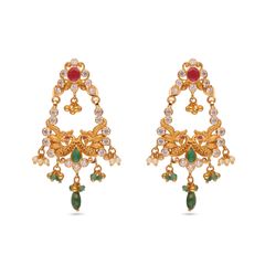 Exquisite Long Gold Eardrops with Peacock Design, Set with Cubic Zircons, Rubies,Pearls,Emerald
