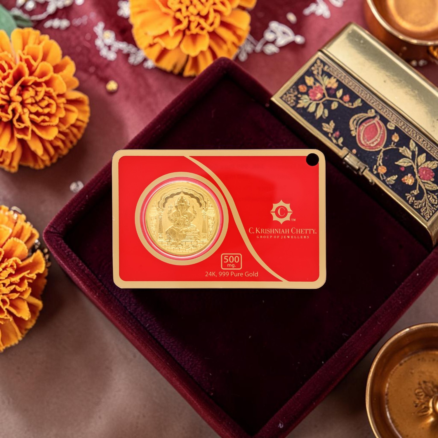 24KT Gold Foil Ganesha Coin 500 mg | 999 Pure Gold Auspicious Coin