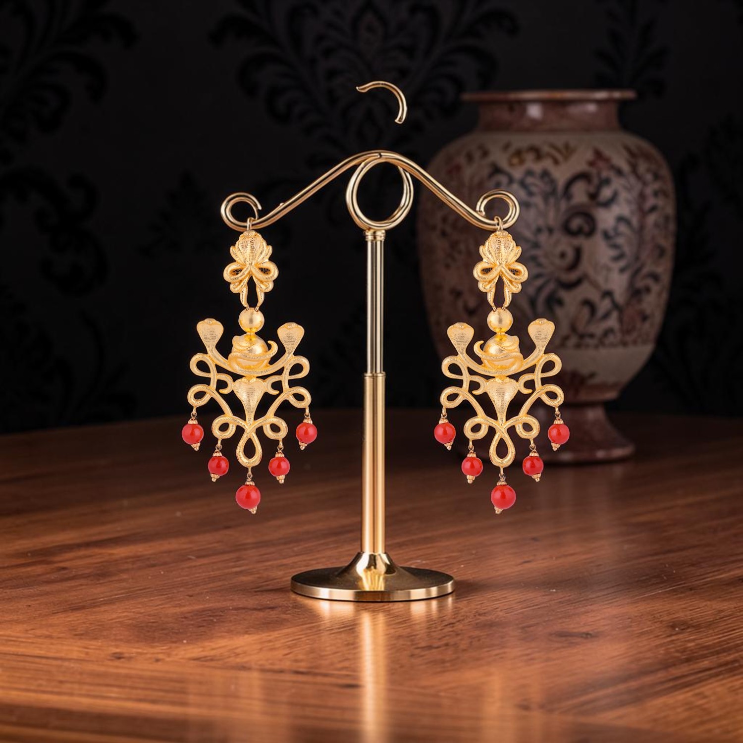 22KT Gold Ear Drops with Coral Beads | Traditional Statement Gold Earrings