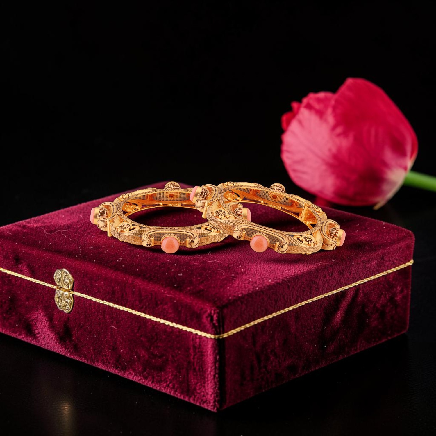 22K Gold Bangle with Synthetic Gemstone Floral Antique Design