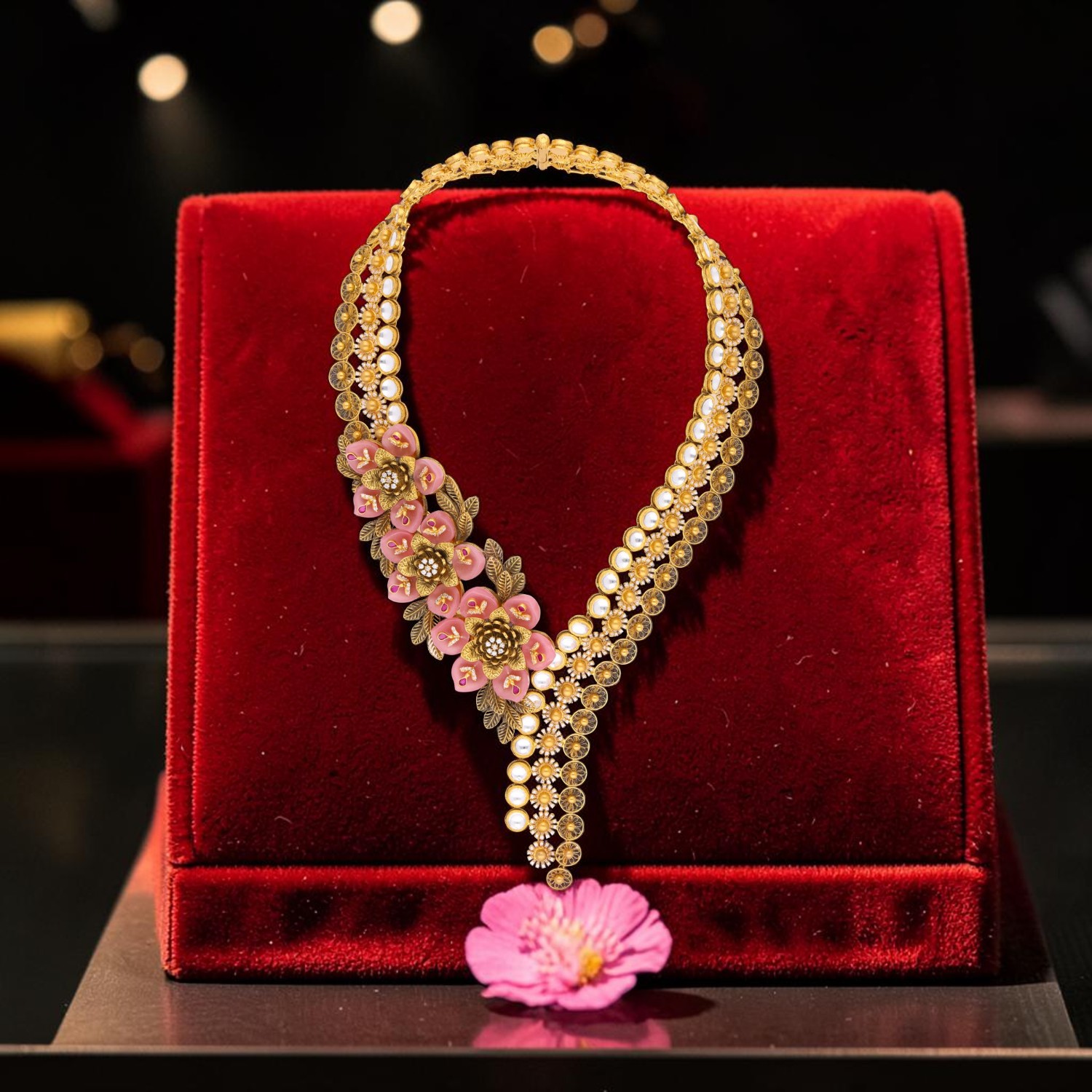 Gold Necklace with Kundan Stones, Red & White Cubic Zirconia Floral Design