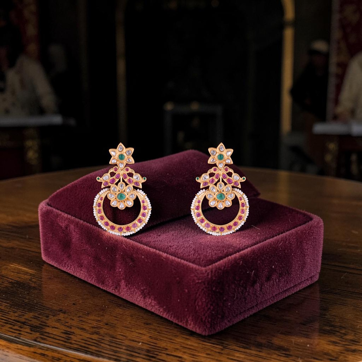 Gold Ear Drops with Rose Cut Diamonds, Ruby, Emerald & Cultured Pearl