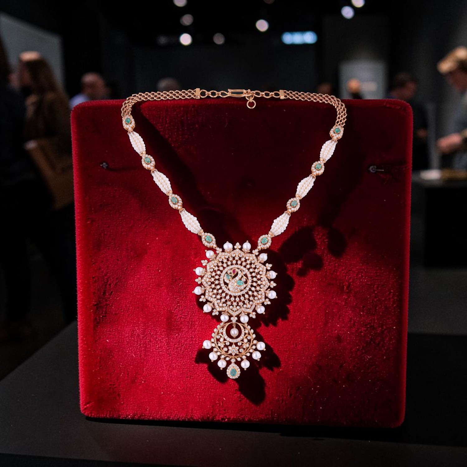 Diamond Gold Necklace with Emerald, Ruby & Cultured Pearl Detailing