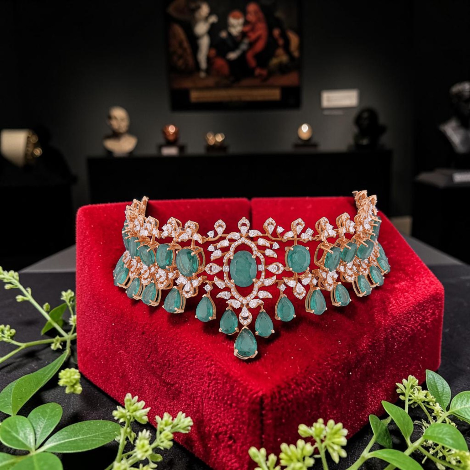 Diamond Choker with Green Stone Statement Design