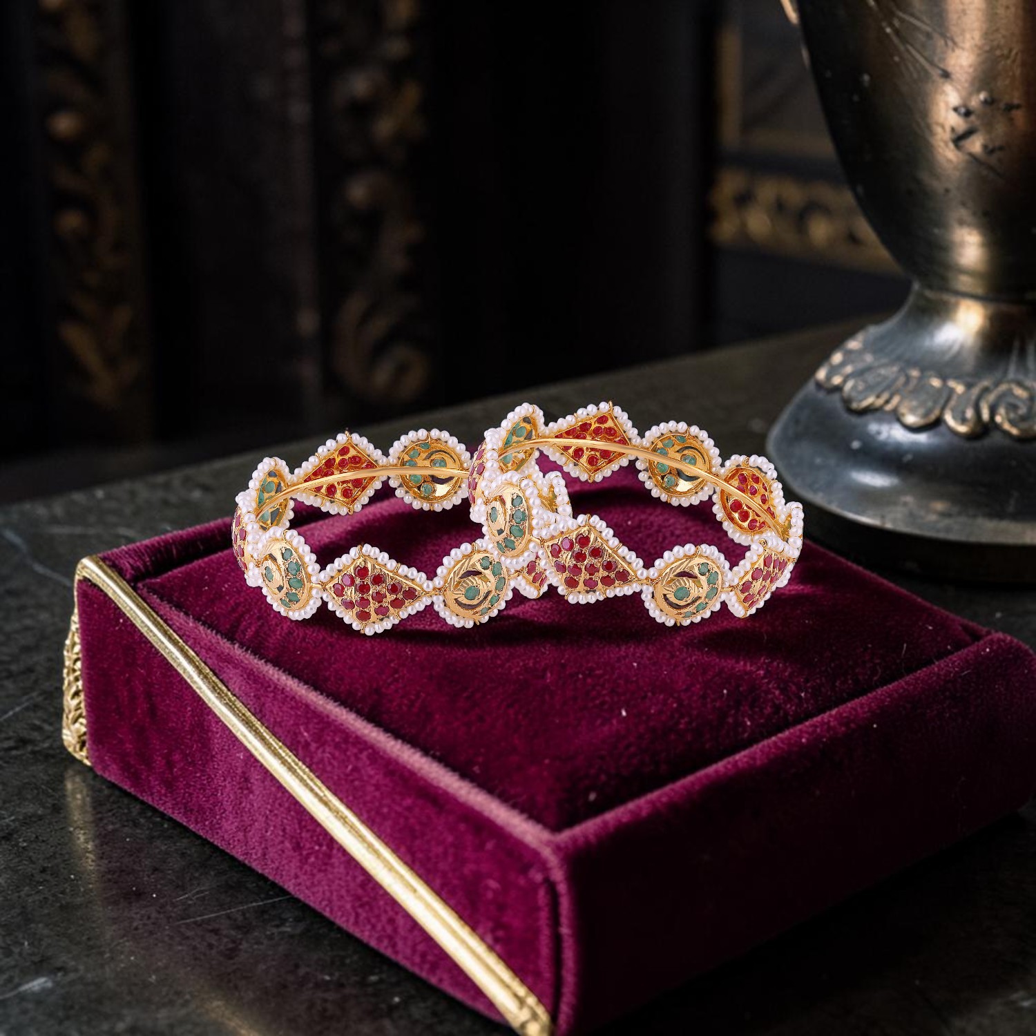 Gold Bangles with Ruby, Emerald & Cultured Pearl Detailing