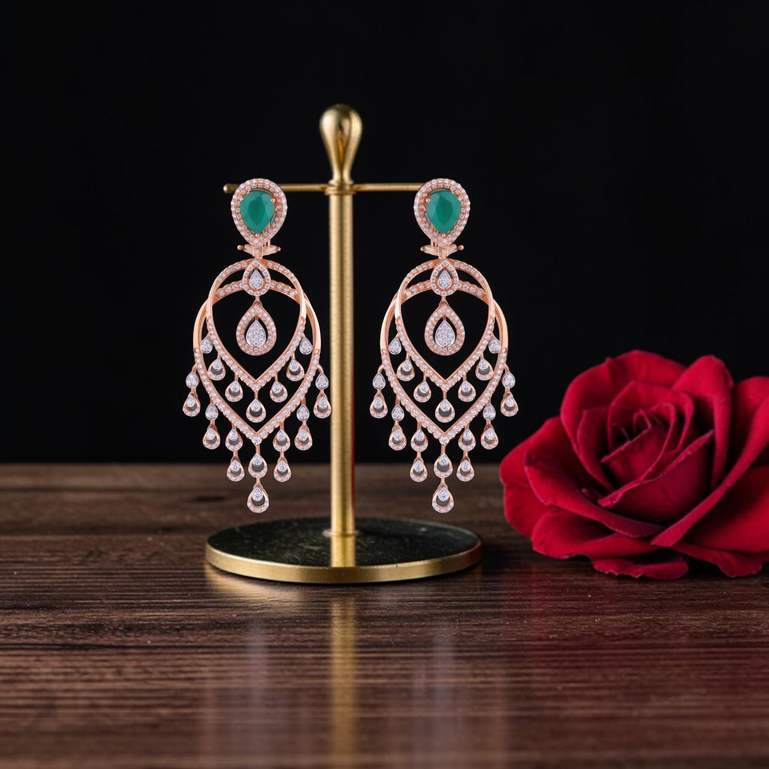 Diamond Drop Earrings with Green Stone & Chandelier Design