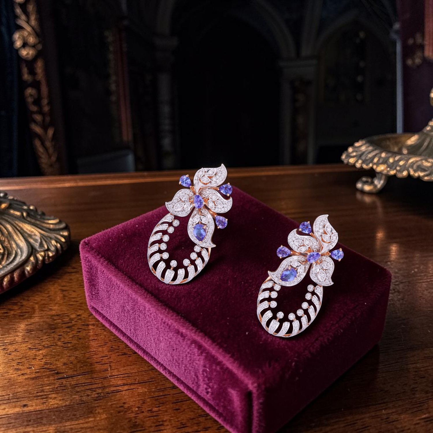 Diamond Earrings with Tanzanite Floral Drop Design