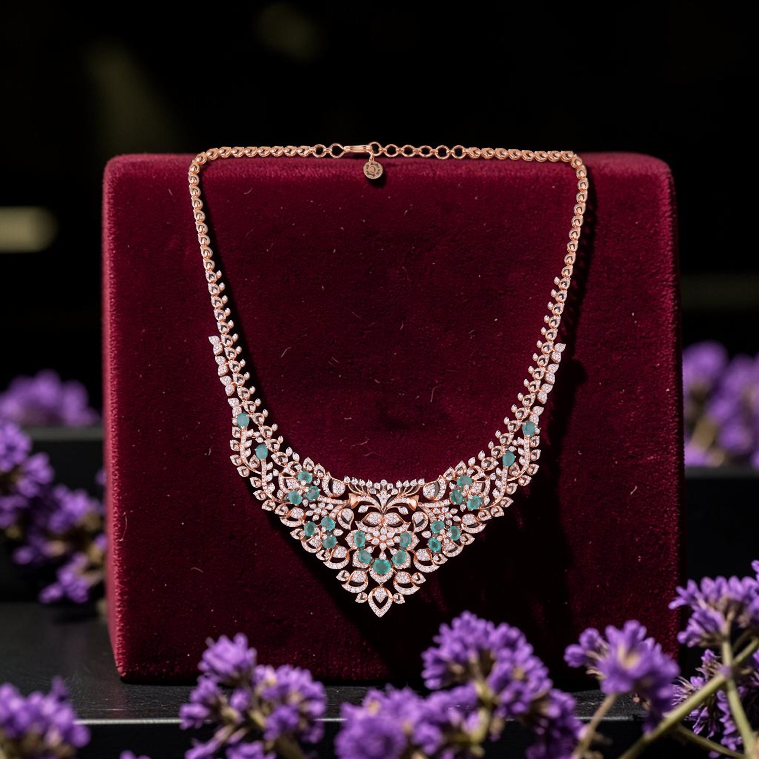 Diamond Necklace with Coloured Cubic Zirconia Floral Design