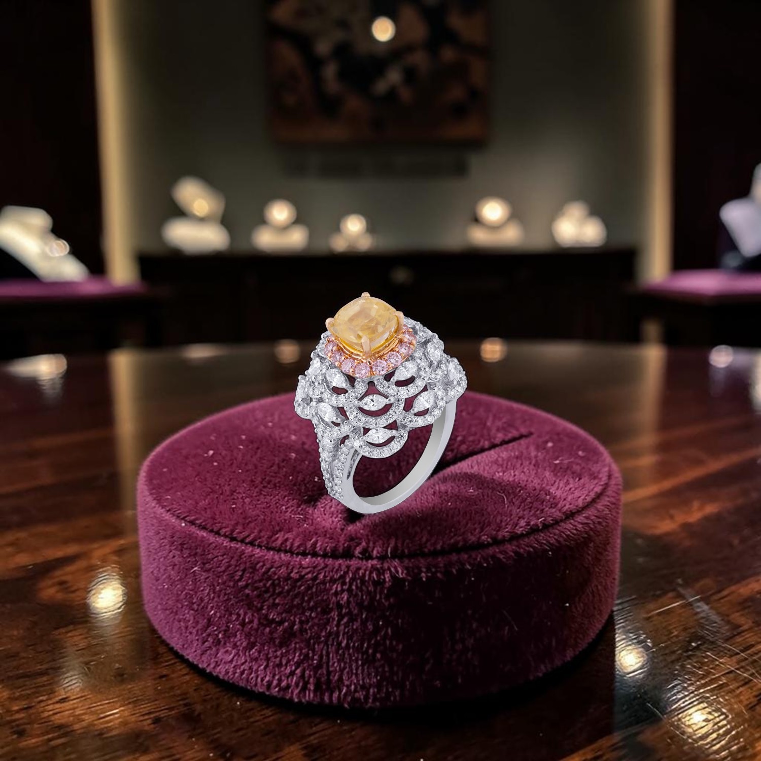 Diamond Ring with Yellow Sapphire Centre and Halo Design
