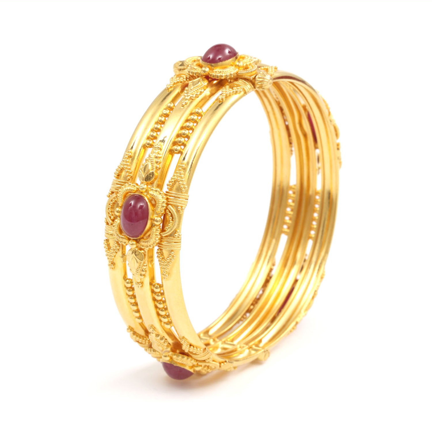 Gold Round Bangle Set with Gemstones