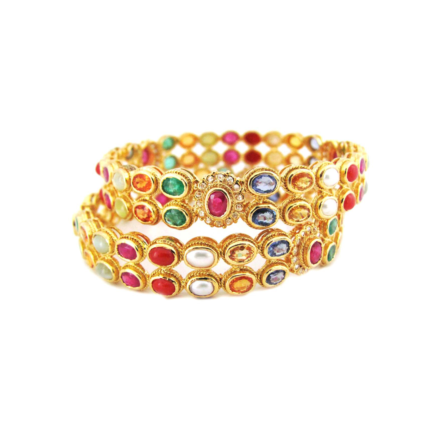 Diamond Bangle Pair Set with Navaratna