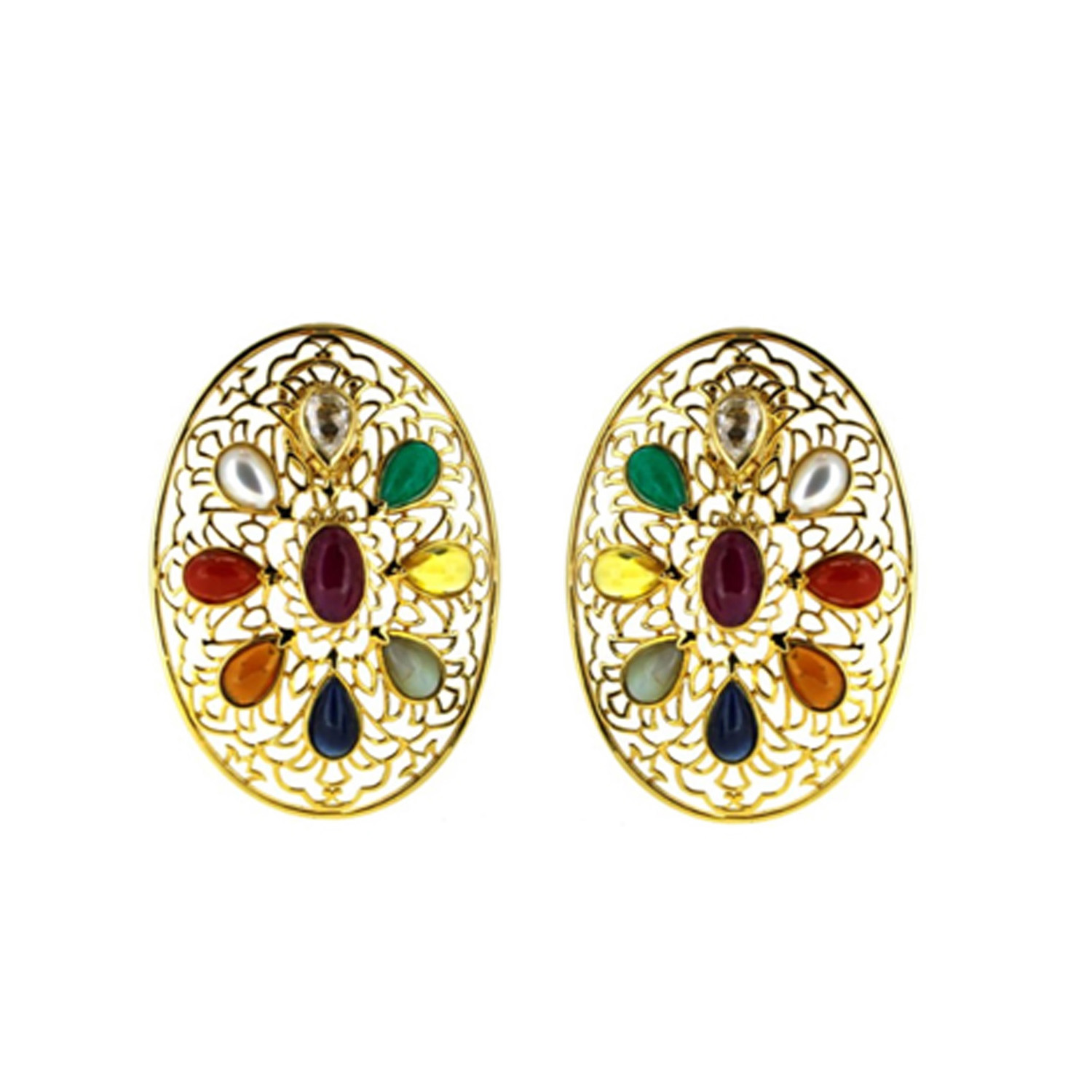 Gold Earstuds Set With Navaratna Stones